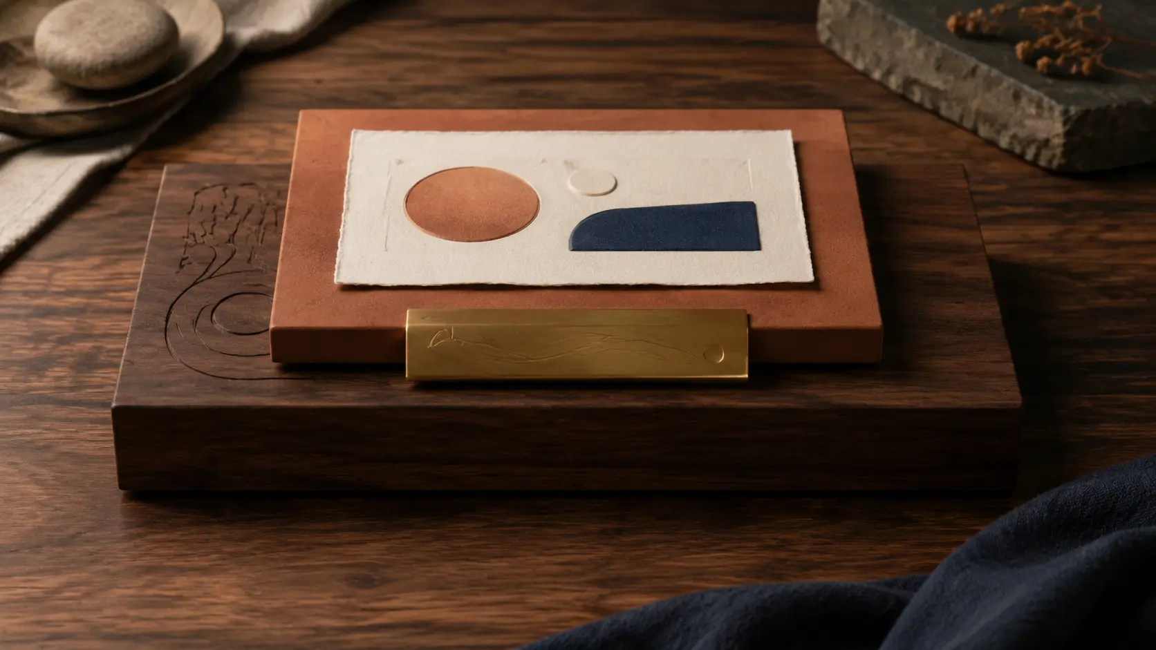A walnut positioning foundation supporting a terracotta value proposition and concise brass tagline plate